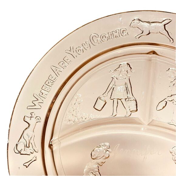 Tierra Pink Divided Plate Depression Glass 8.5" Mother Goose Engraved JENNIFER - Picture 4 of 6